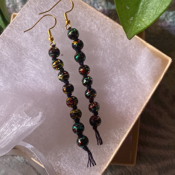 Rasta Theme Hand Crafted Macrame Style Beaded Fringe Gold Toned Dangle Earrings - Picture 3 of 9